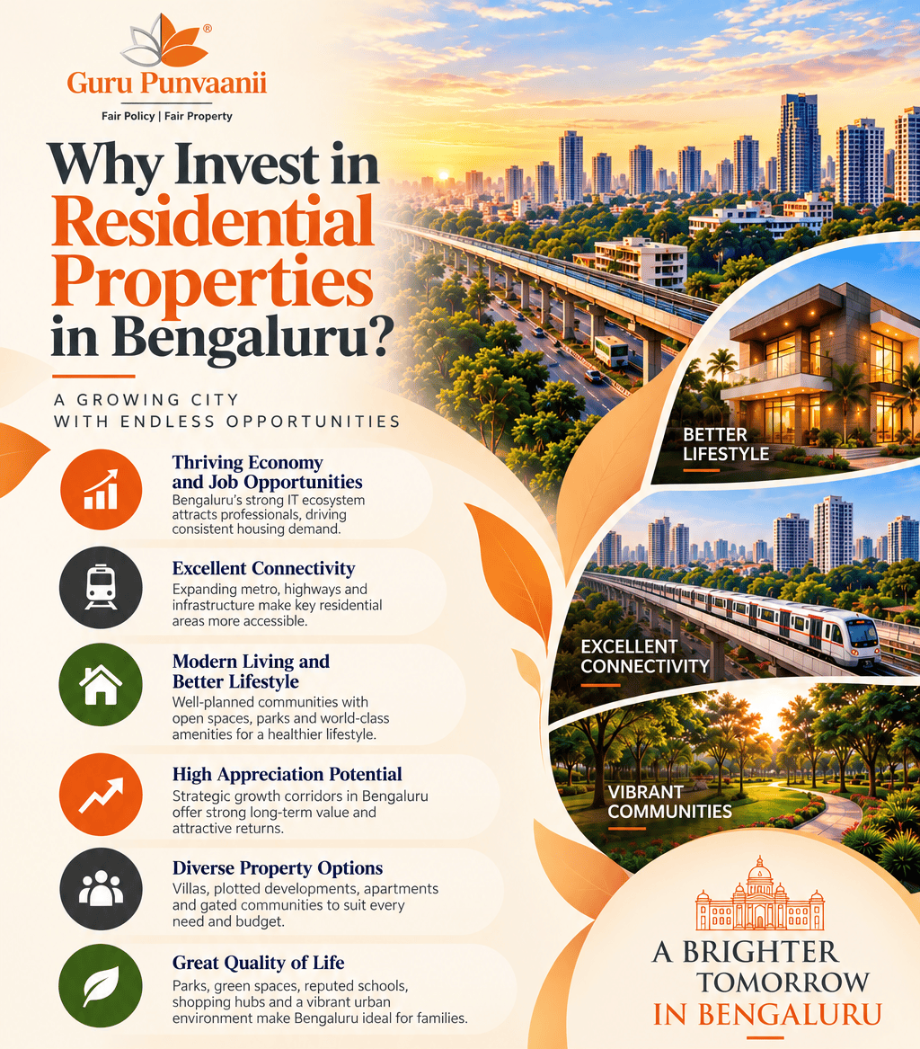 Why invest in residential properties in Bengaluru infographic featuring metro connectivity, modern lifestyle, premium residential communities, investment opportunities, and Guru Punvaanii real estate.