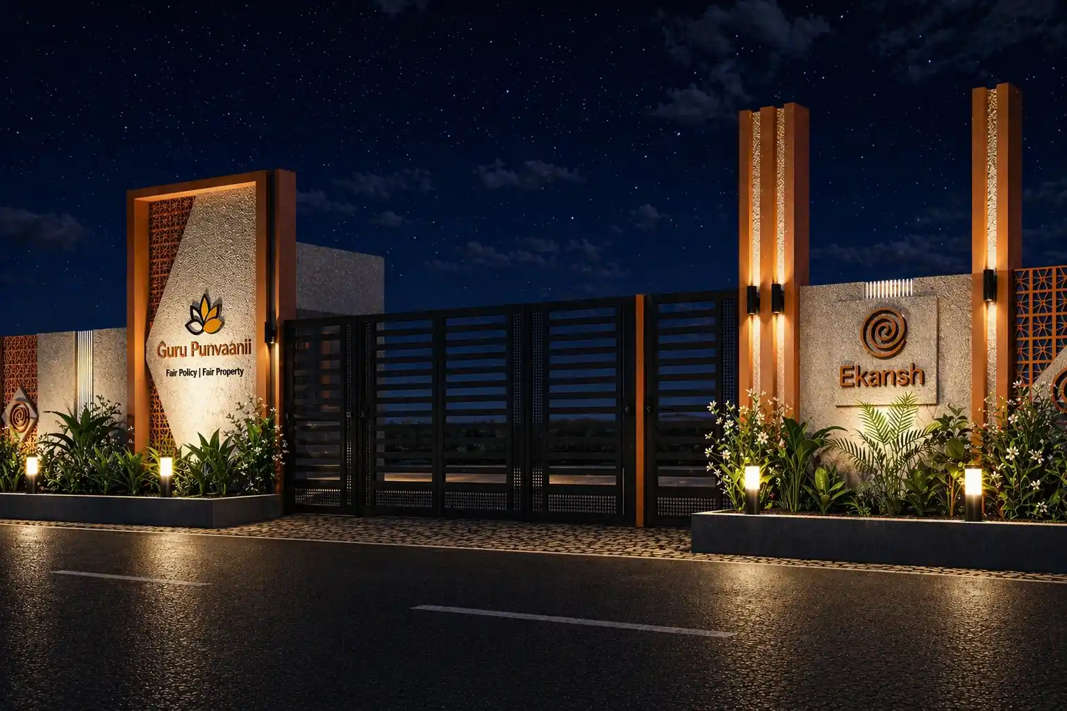 plots for sale in Mysore with grand entrance gate and premium residential community at night