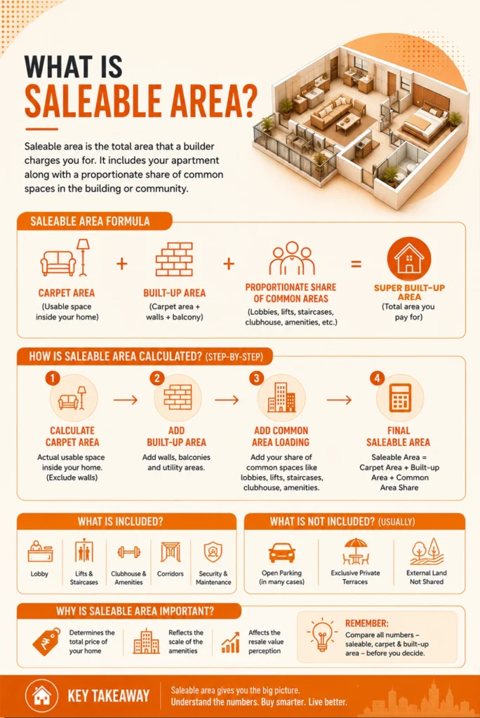 Infographic explaining what is saleable area, including carpet area, built-up area, calculation, and common area loading.