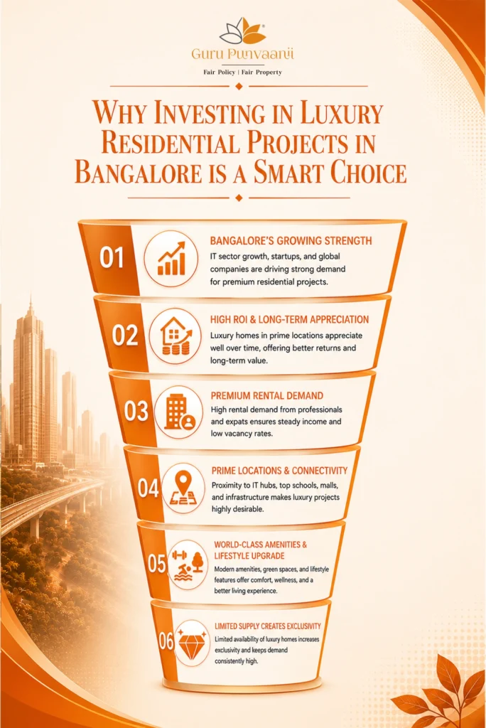 Infographic highlighting the benefits of investing in residential projects in Bangalore, including ROI, connectivity, rental demand, and premium amenities.
