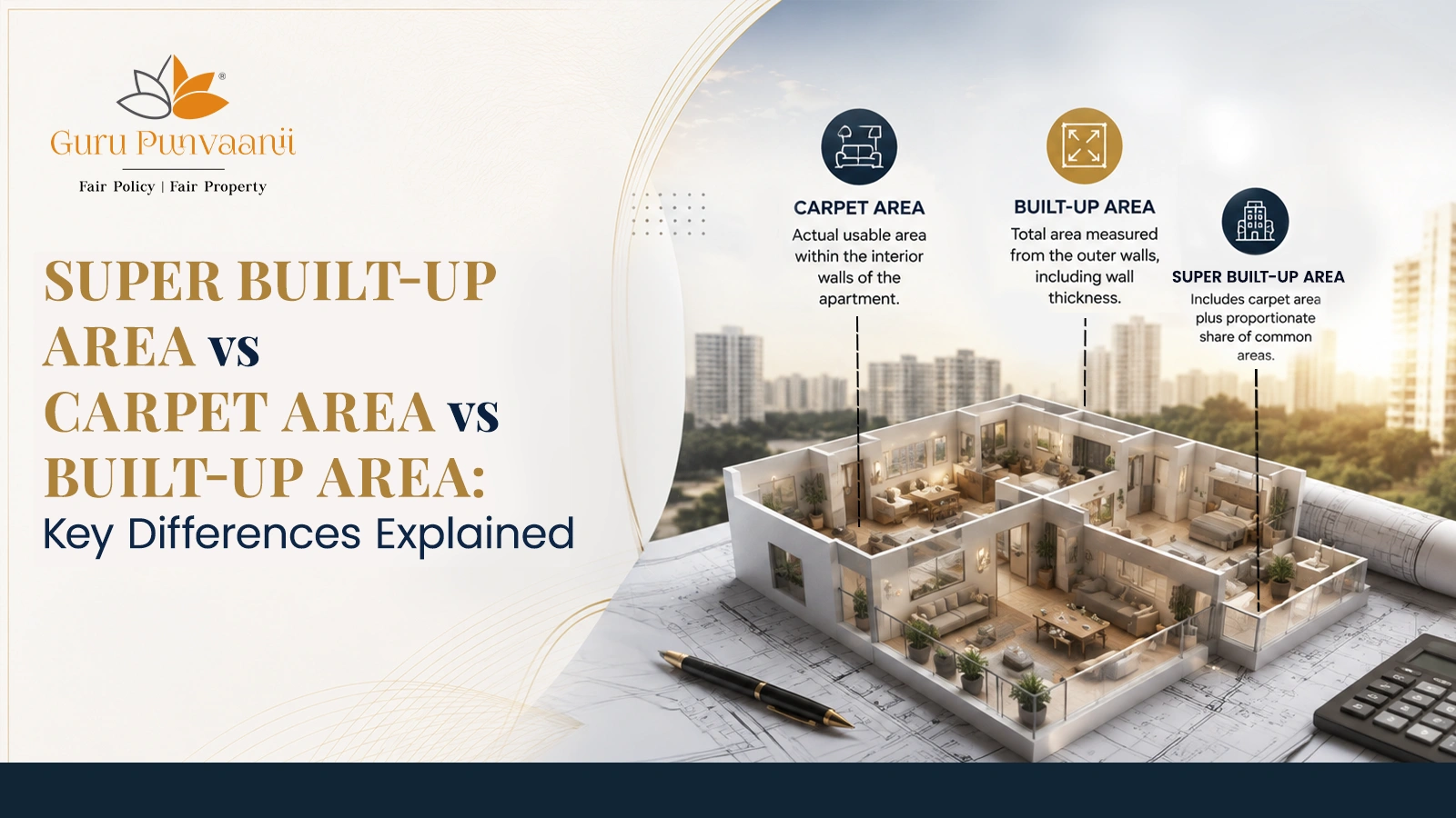 Saleable area vs carpet area – real estate banner comparing apartment area measurements