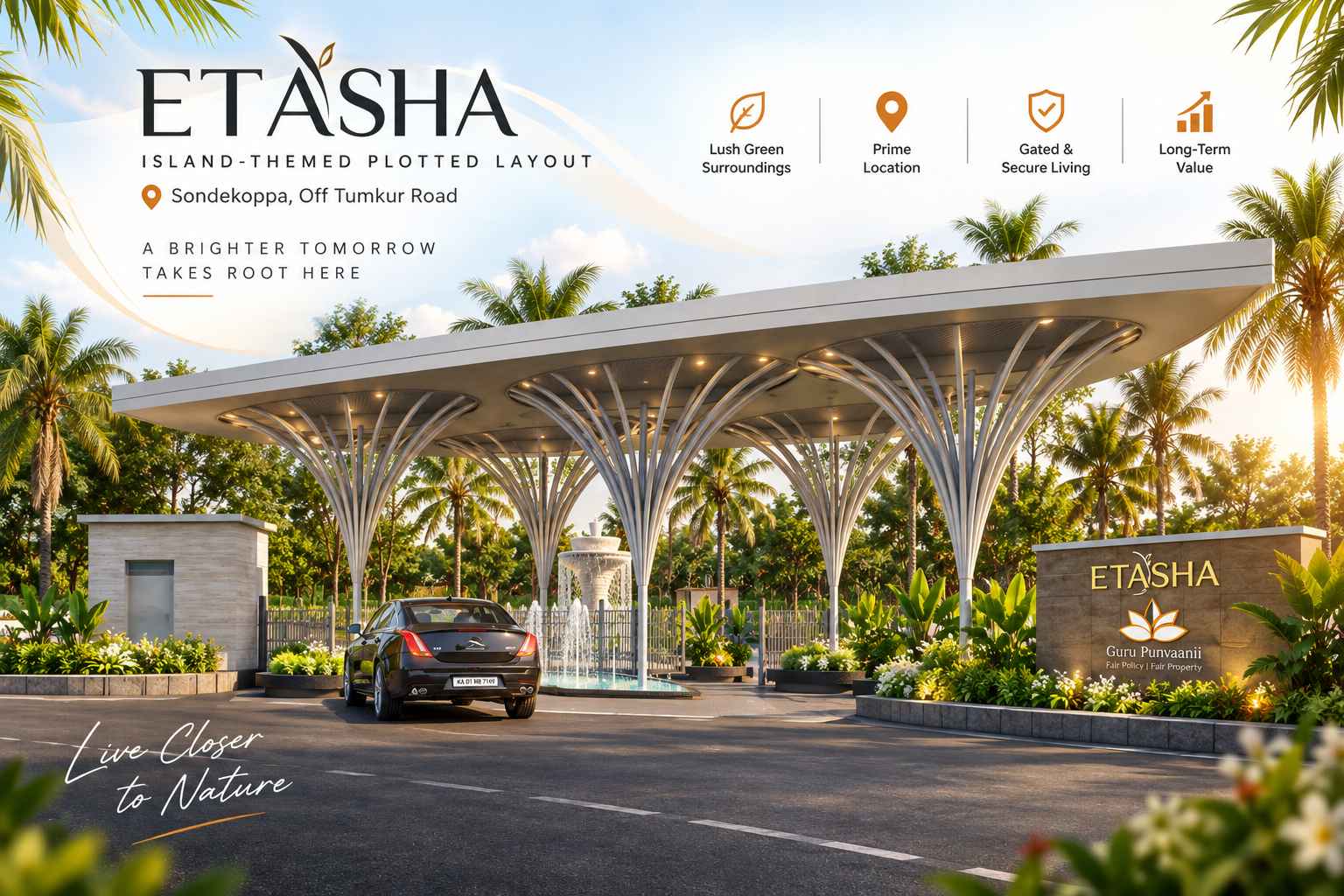 Etasha sites in Tumkur entrance gate view showcasing the project's main entrance and landscaped surroundings