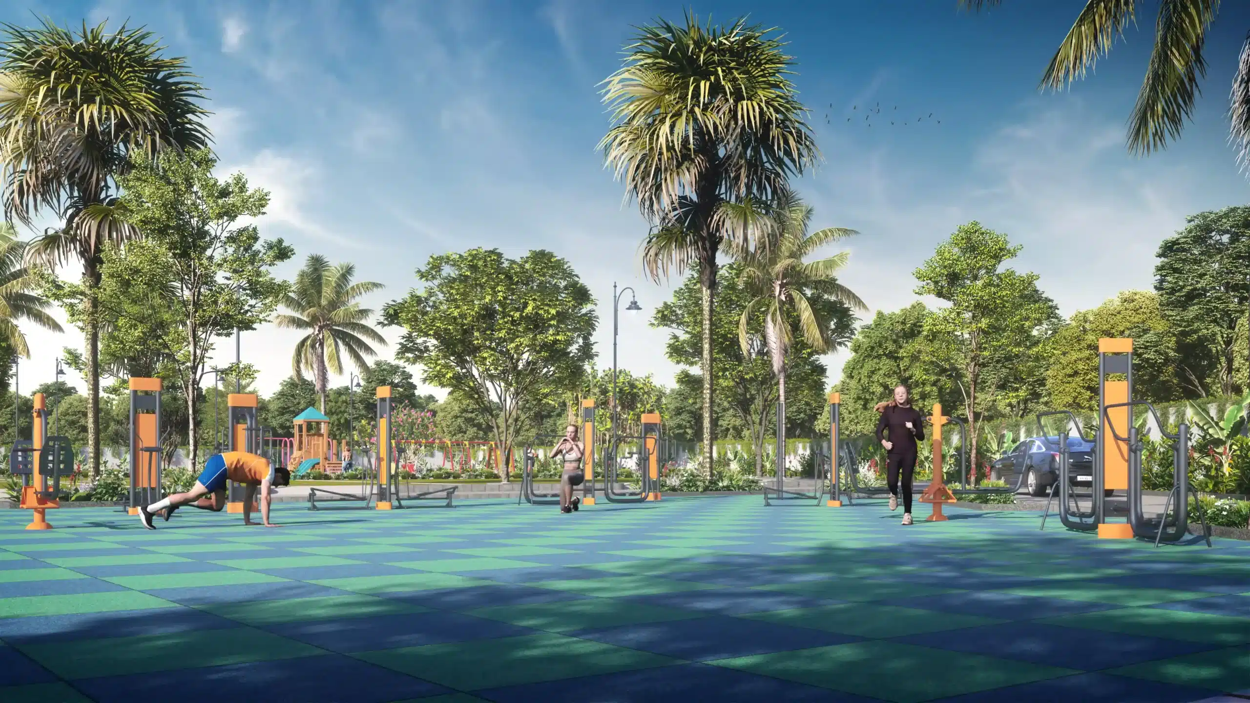 Open gym outdoor fitness area with modern exercise equipment at Etasha sites in Tumkur